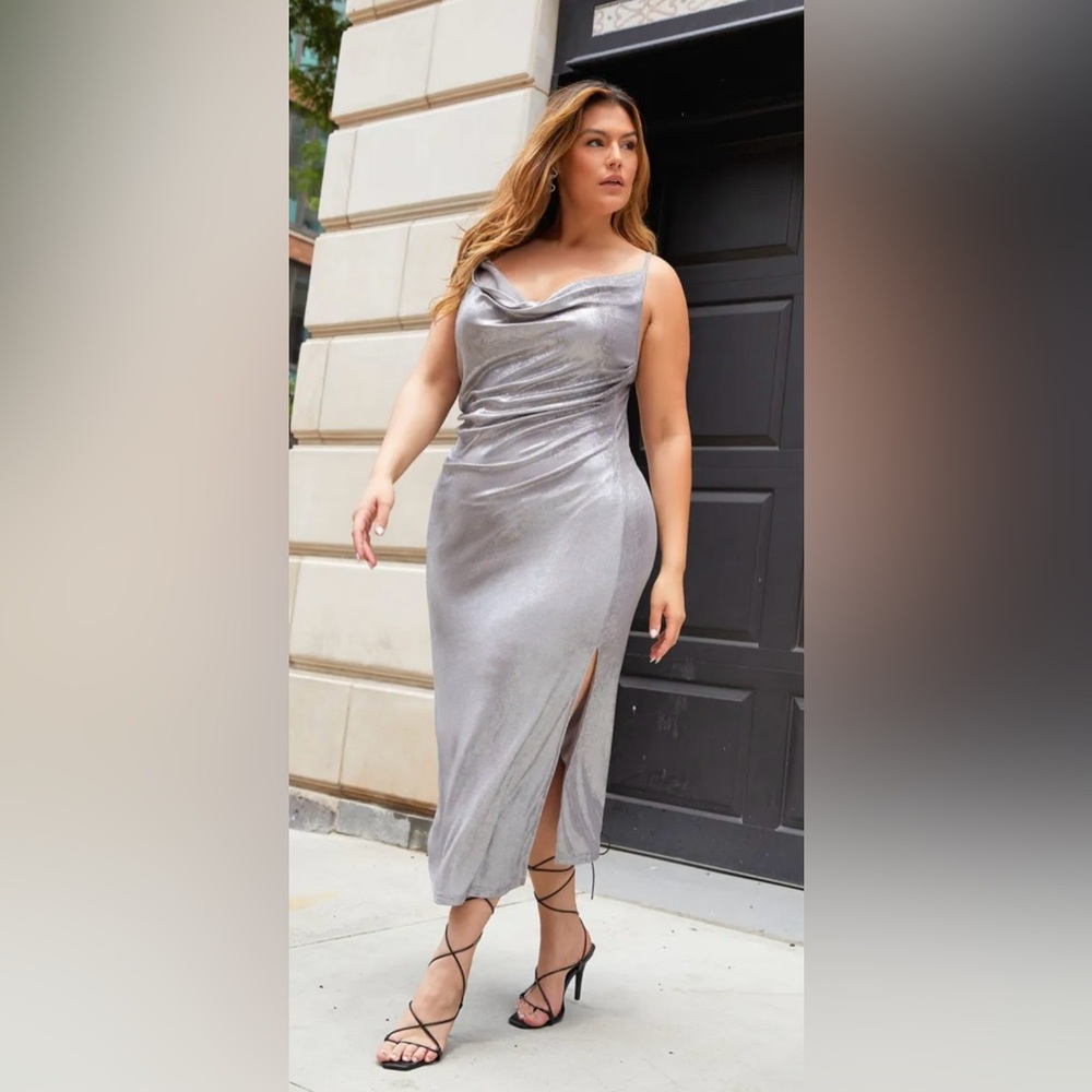 Rebdolls Silver Sleeveless Cowl Neck Maxi Gown